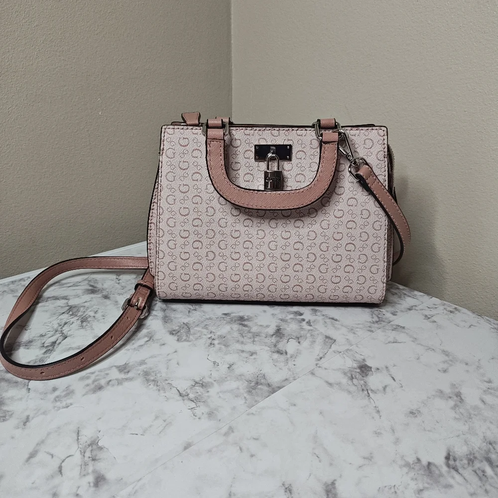 Guess Meera Satchel Handbag Light Rose Pink Monogram